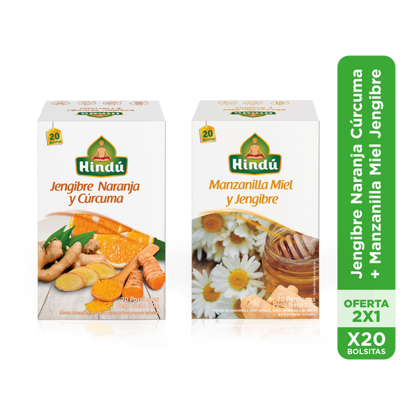 Pack 2x1 Jengibre Naranja Cúrcuma + Manzanilla, Miel y Jengibre x20